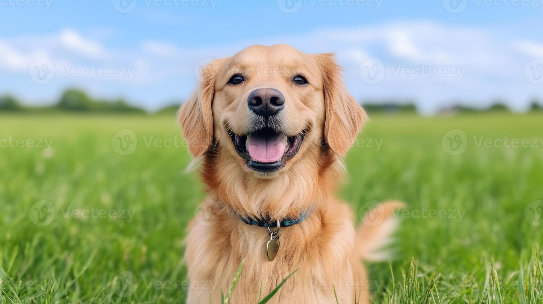 Happy Golden Retriever With Wagging Tail in Sunny Grassy Field Under Clear Blue Sky Featuring Lush Green Grass and Bright Daytime Setting Perfect for Outdoor Lifestyle and Nature Appreciation photo