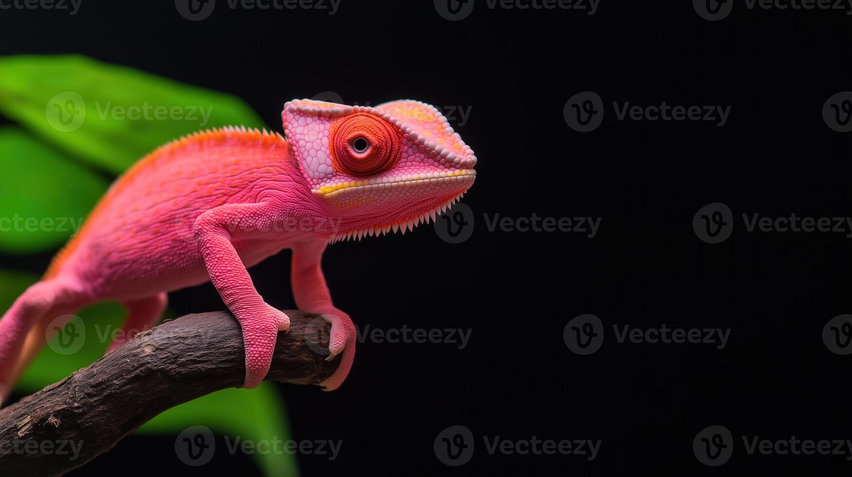 Vibrant Pink Chameleon on Branch with Green Leaves in Dark Background Highlighting Natural Camouflage and Exotic Wildlife photo