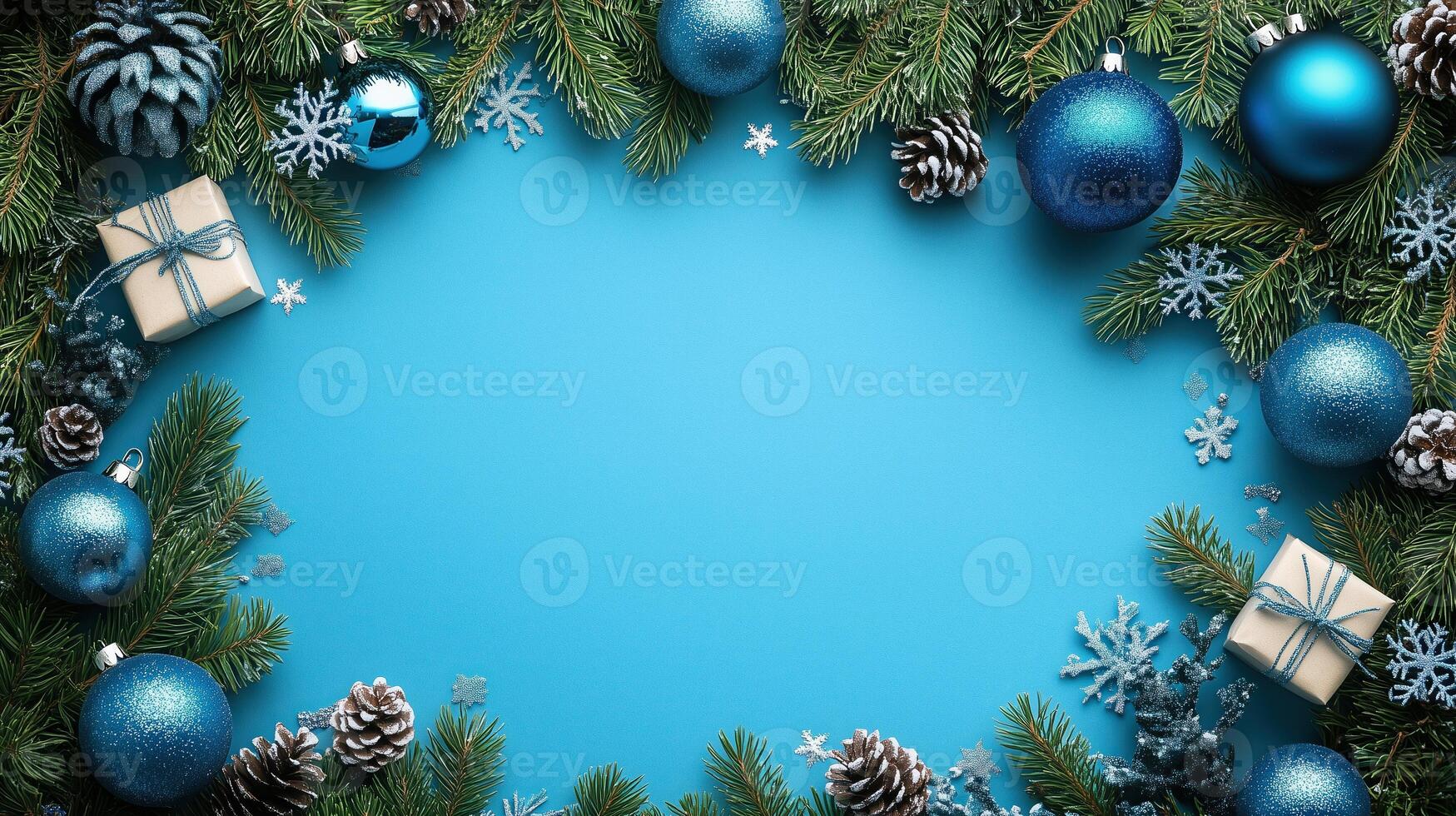 Festive Christmas Doodle Concept Top View With Blue Silver Ornaments Pine Branches Gift Boxes And Snowflakes On Bright Background photo