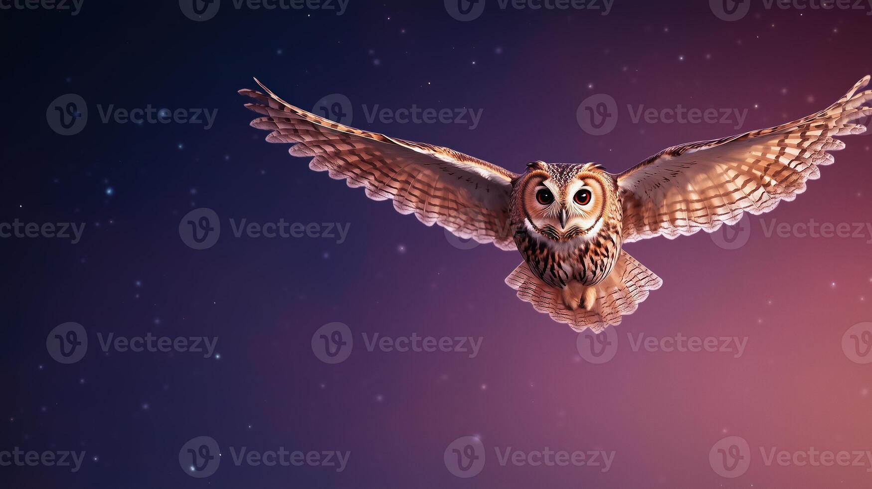Majestic Owl Flying Through Starlit Night Sky With Wings Outstretched Capturing Elegance in Motion Against a Twilight Backdrop Perfect for Wildlife and Nature Photography Enthusiasts photo