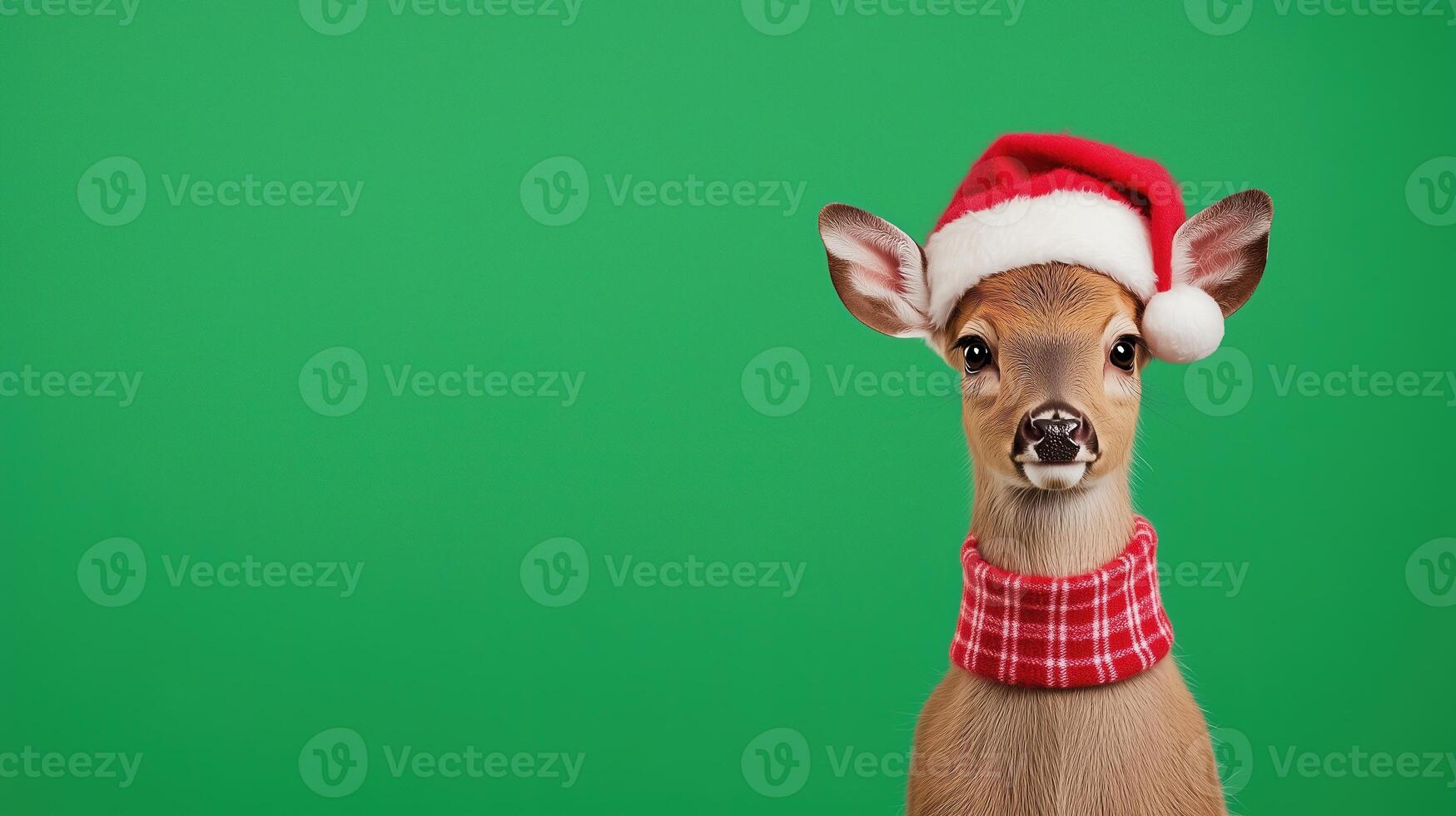Cute Deer Wearing Red Santa Hat and Scarf on Green Background for Christmas Holiday Card or Winter Decoration photo