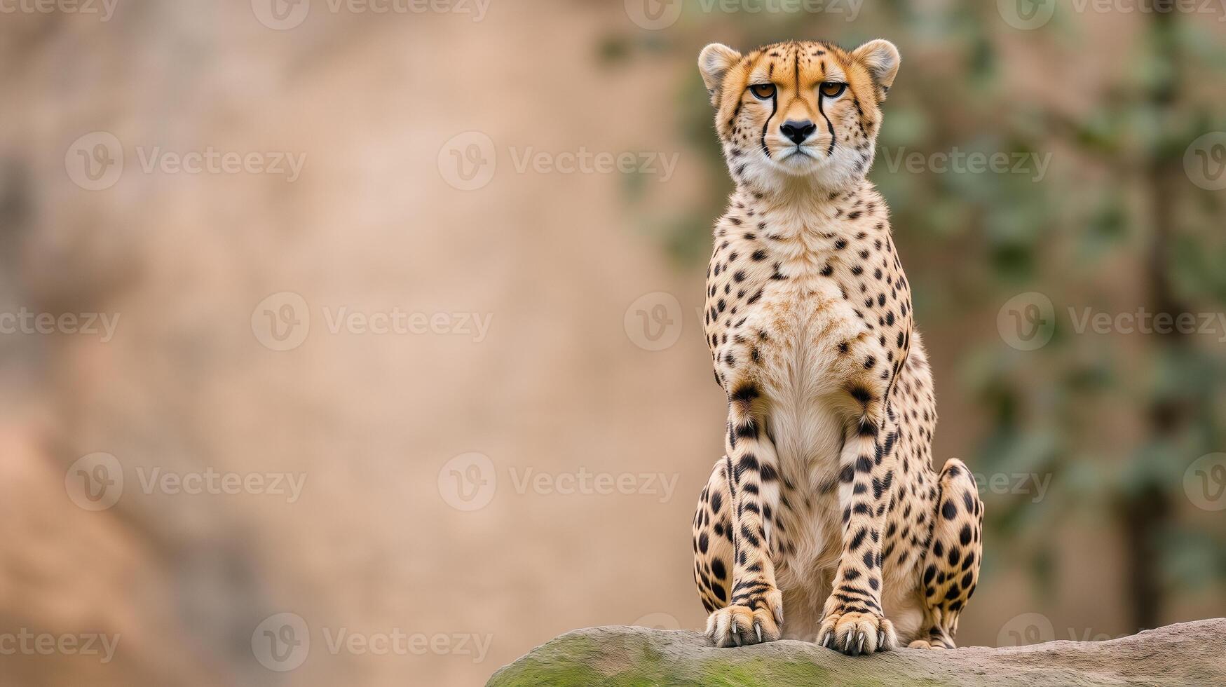 Majestic Cheetah Sitting Alert on Rock with Tail Curled Around Paws Against Blurred Natural Background for Wildlife Photography and Nature Conservation Themes photo