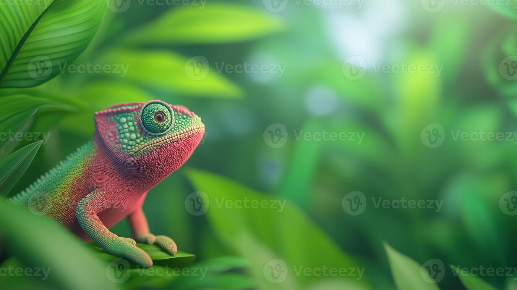 Chameleon Blending Into Lush Rainforest Environment With Vibrant Greenery And Soft Light, Rich Tropical Foliage, Colorful Wildlife, Nature Photography, Exotic Jungle Habitat photo