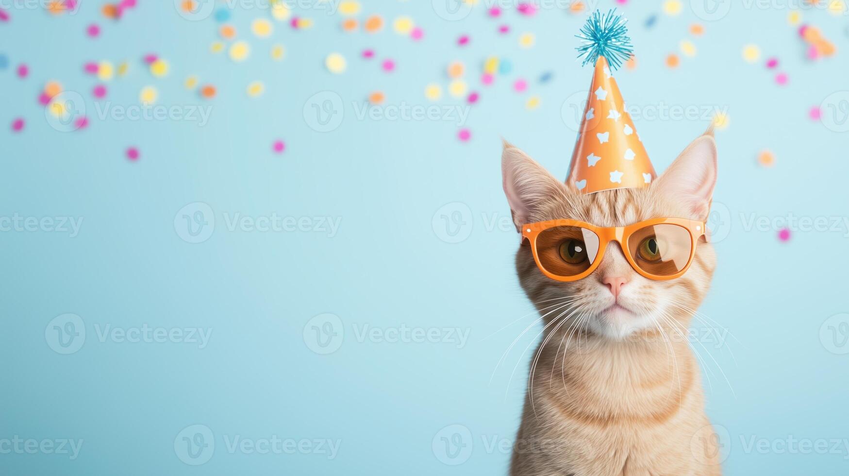 Orange Tabby Cat Wearing Party Hat and Sunglasses Against Blue Background With Colorful Confetti Celebrating Festive Occasion in Fun and Playful Style photo