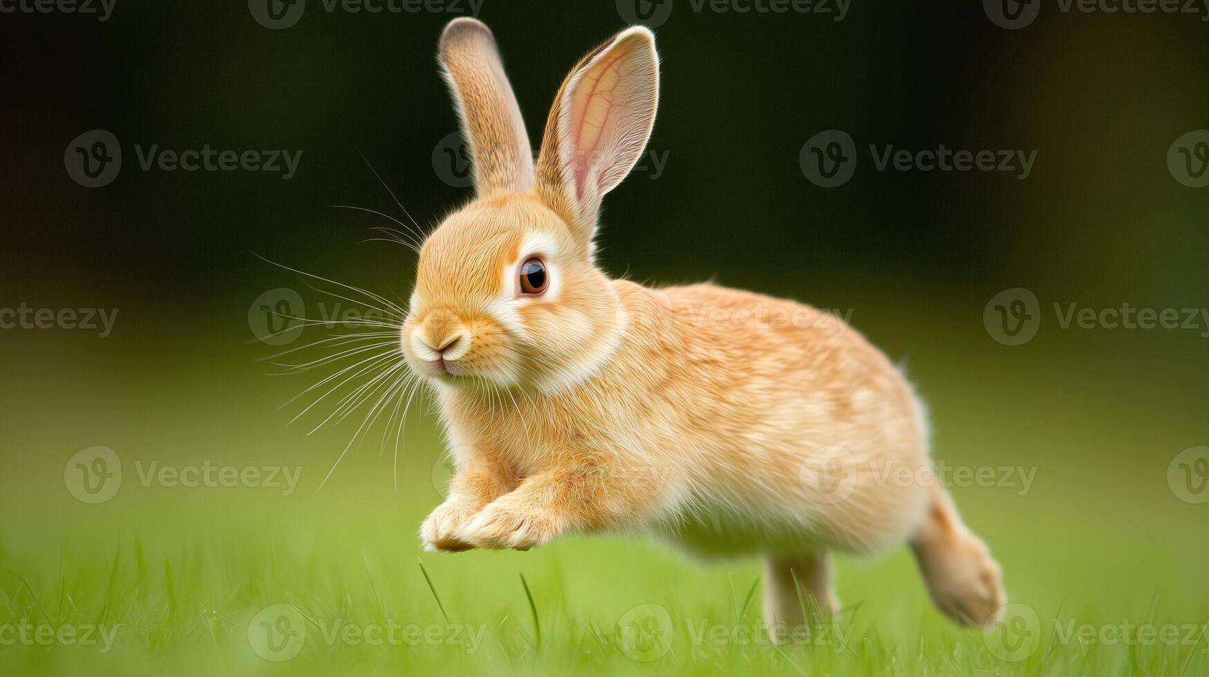 Rabbit Hopping Across Lush Green Field with Upright Ears Showcasing Lively Motion and Natural Spring Vibe in a Serene Meadow Setting Capturing Whimsy and Freedom for Nature Enthusiasts photo