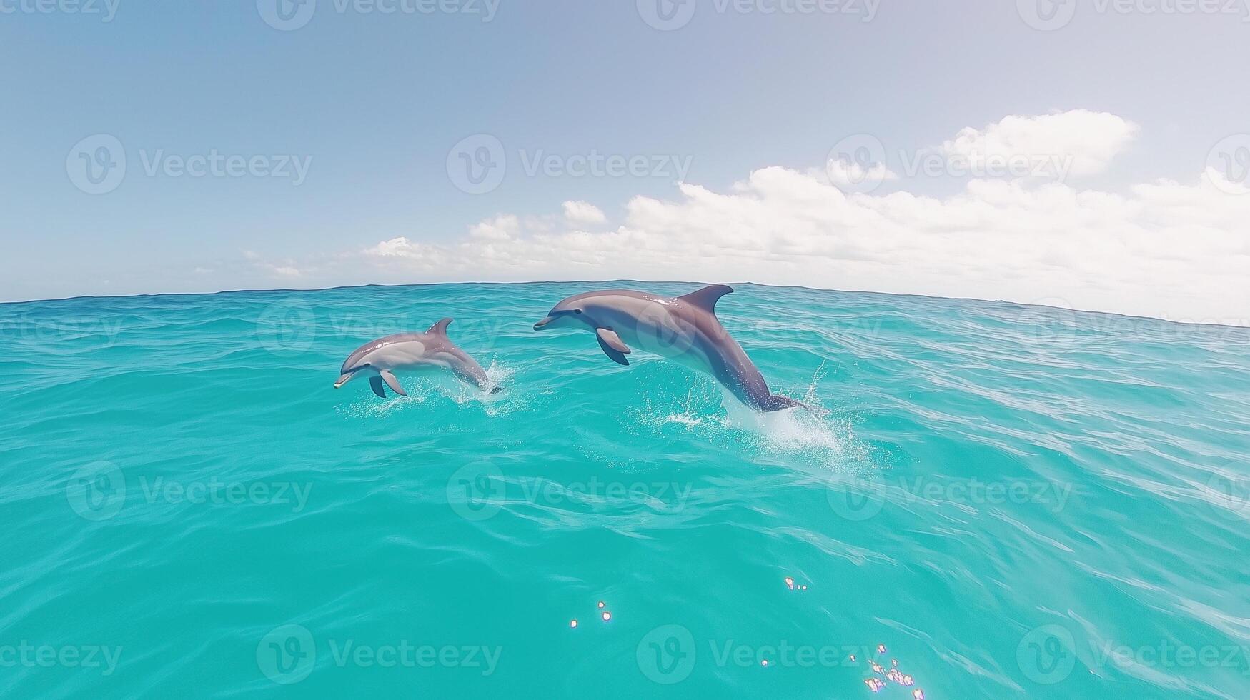 Playful Dolphins Leaping Above Crystal Clear Ocean on a Sunny Day Under a Blue Sky With White Clouds photo