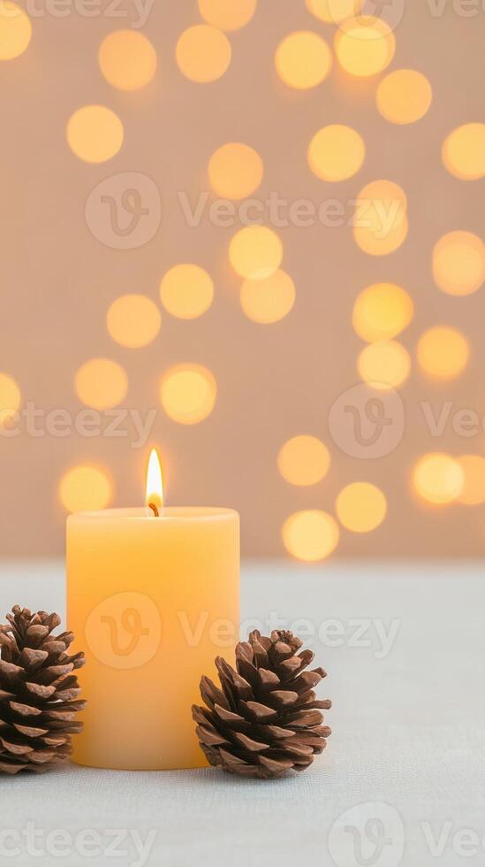 Warm and Inviting Christmas Candle Setting with Glowing Bokeh Lights and Pinecones for Holiday Cheer and Seasonal Decoration Concepts photo