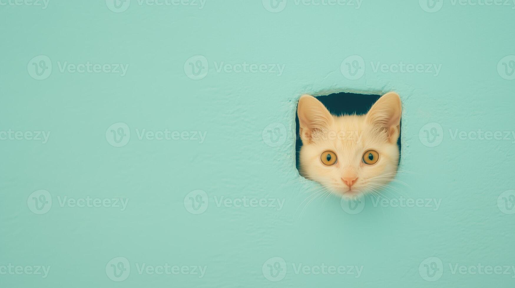 Curious Cat Peeking Through Wall Hole Against Turquoise Background in Minimalistic Style with Playful Expression and Engaging Composition for Modern Design and Pet-Themed Decor Concept photo