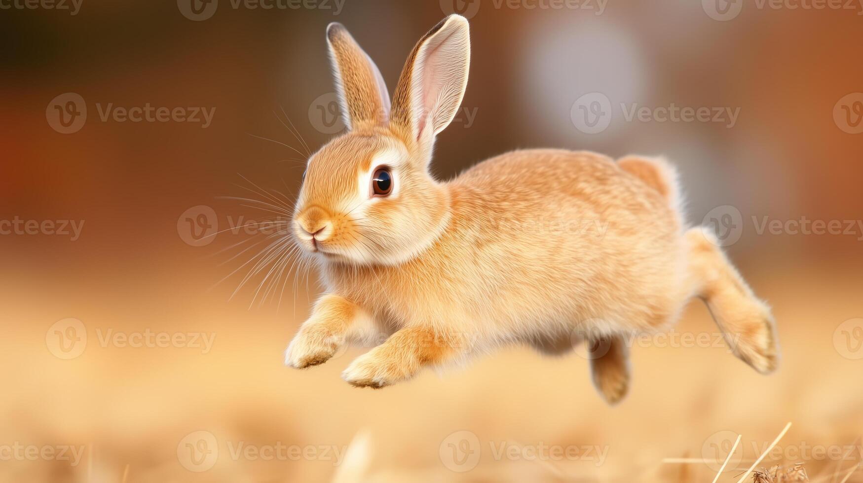 Energetic Rabbit Hopping with Ears Upright Across Golden Field in Autumn - Nature Wildlife Photography Showing Motion and Serenity for Seasonal Stock Use photo