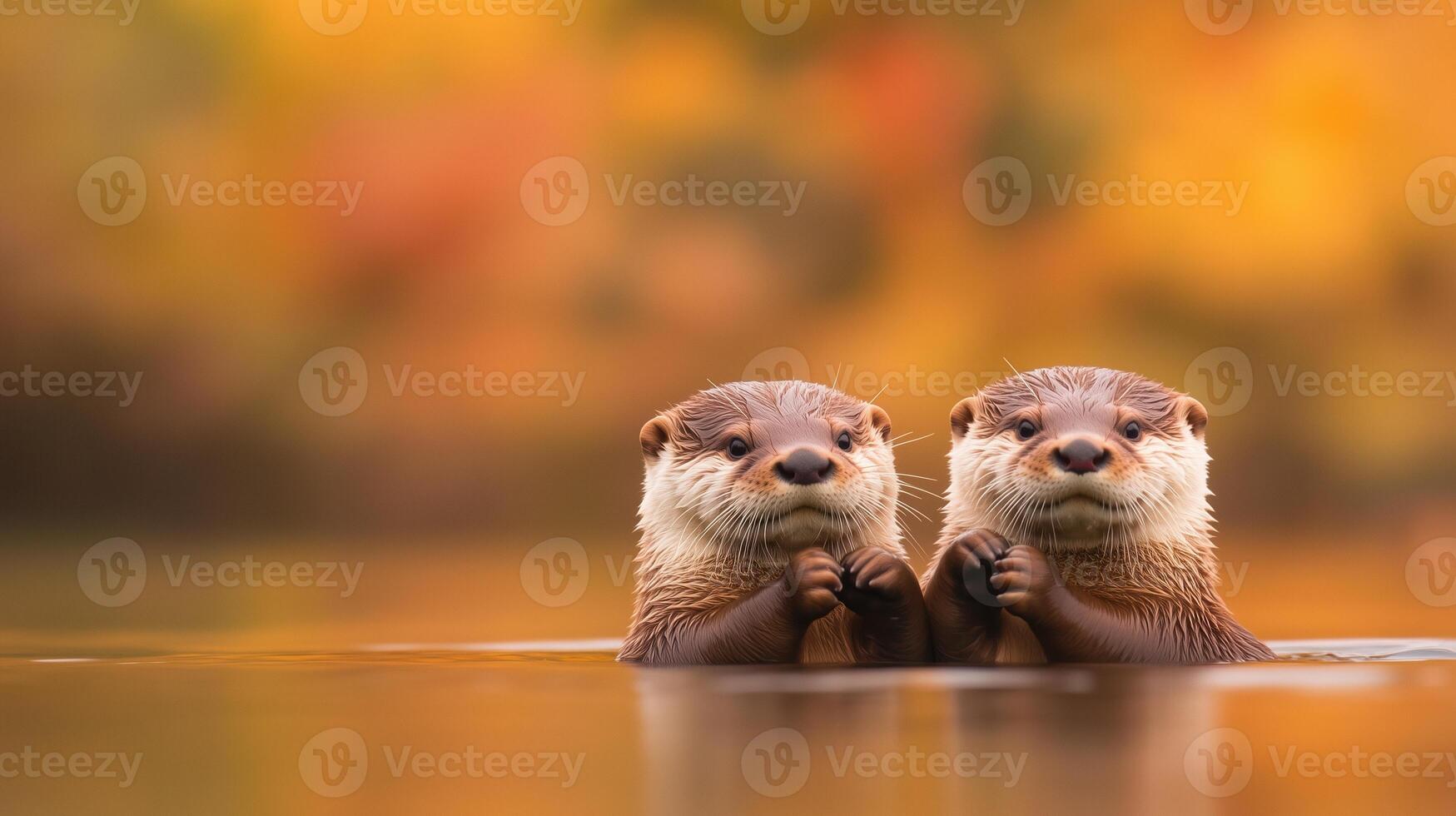 Pair of Playful Otters Floating Together Holding Hands in Warm Autumn Waters with Colorful Fall Foliage Reflections photo