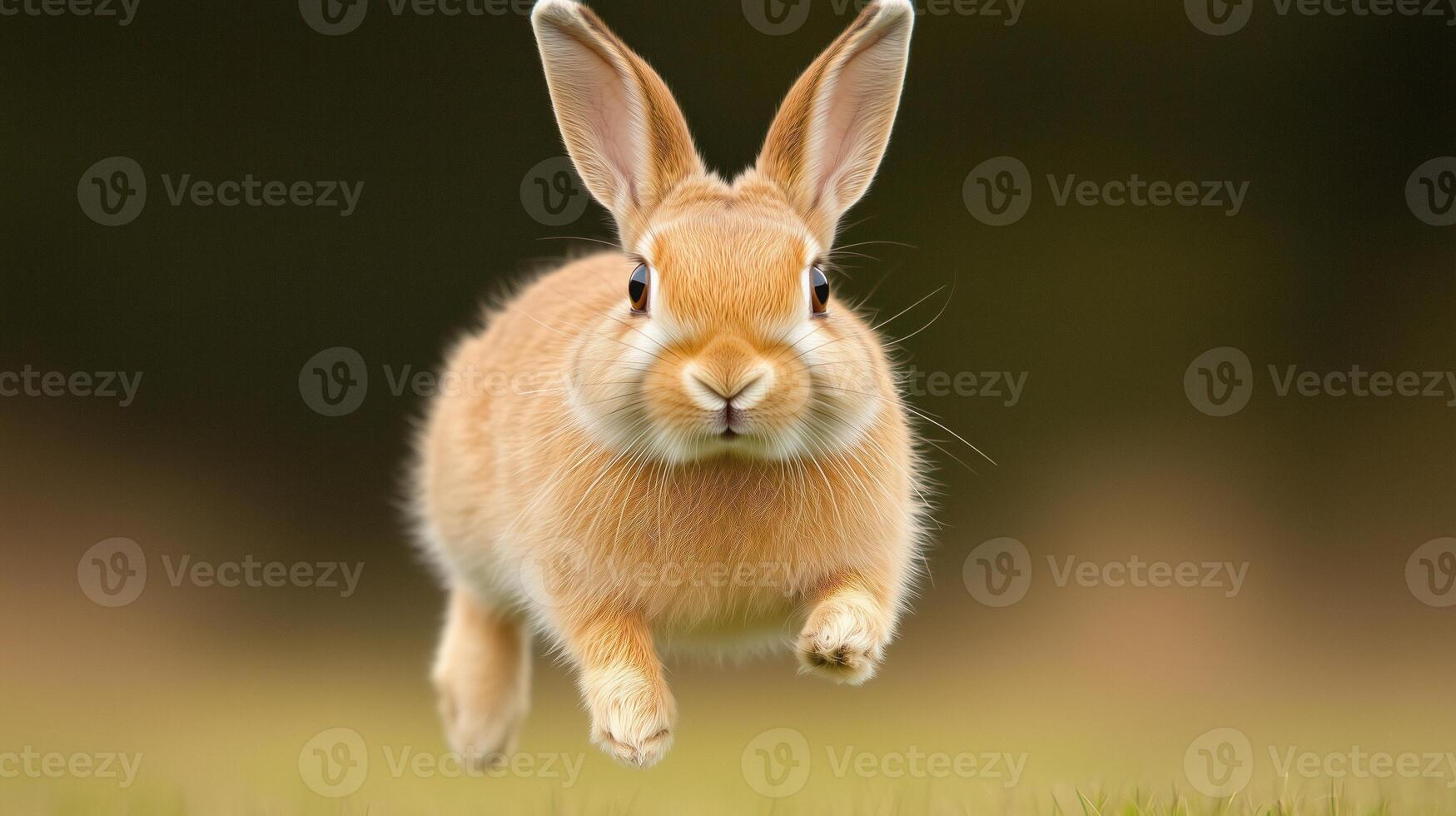 Rabbit Hopping Across a Field with Upright Ears Showcasing Elegant Motion and Natural Charm in a Serene Outdoor Landscape Perfect for Springtime Design and Wildlife Enthusiasts photo