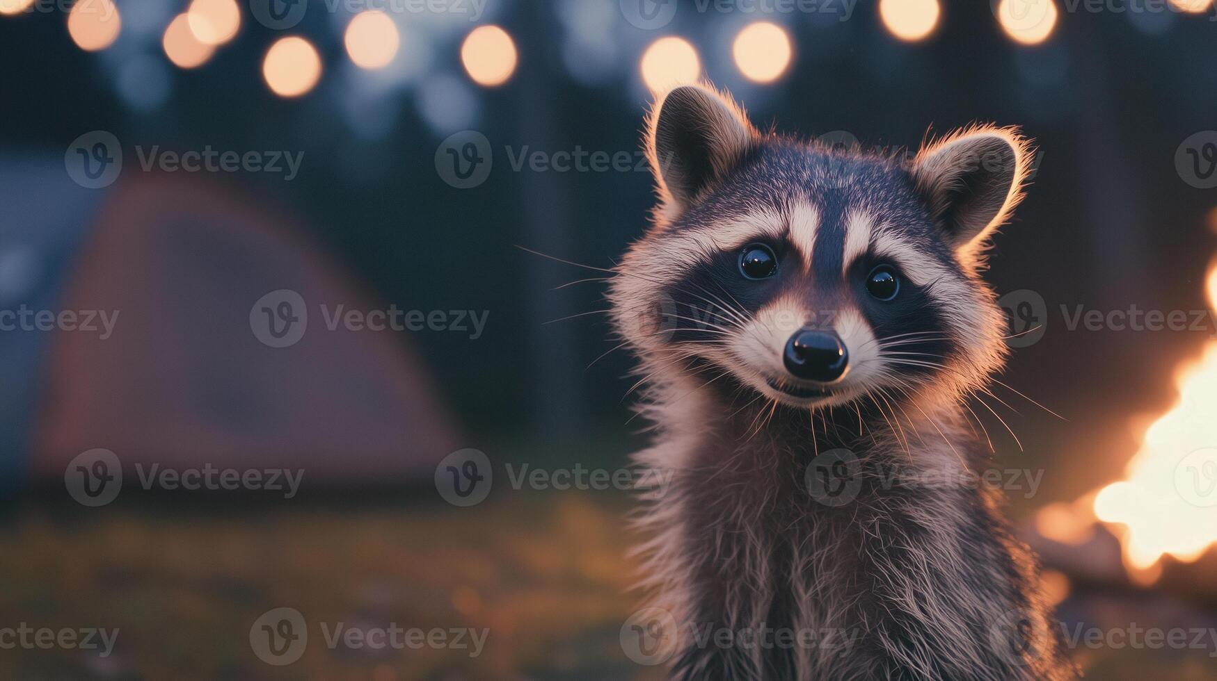 Curious Raccoon Exploring Campsite at Night with Stars in the Sky and Glowing Campfire Creating a Warm Atmosphere photo