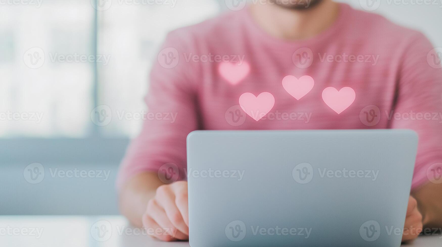 Laptop with Heart Icons for Valentines Day Promotion in Modern Office Setting Digital Marketing Professional Engaging with Content Strategy Concepts on photo