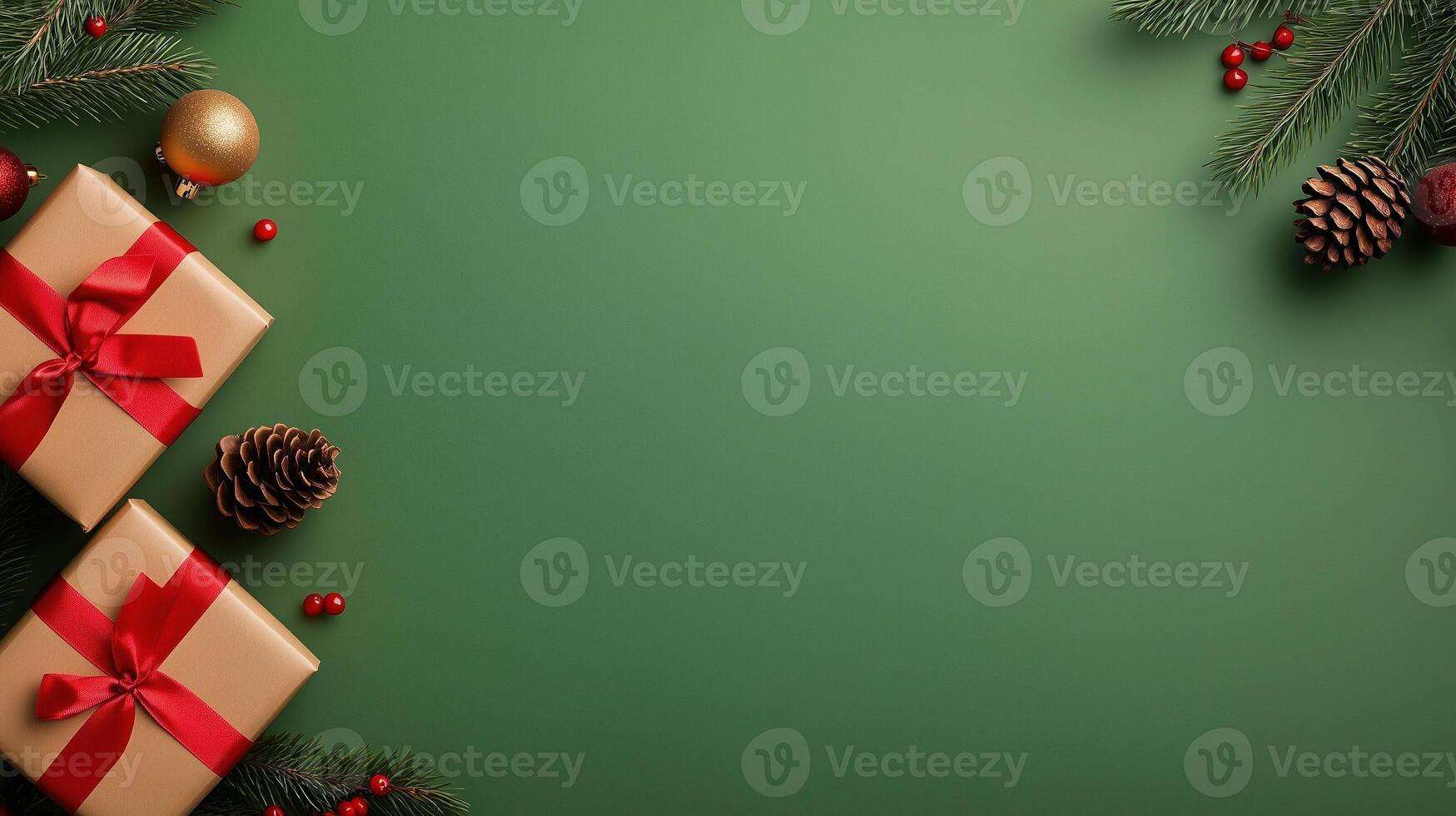 Festive Holiday Scene With Gifts, Pinecones, Ornaments, And Green Background Celebrating Christmas Joy With Elegance And Seasonal Cheer For Greeting Cards Or Event Invitations photo