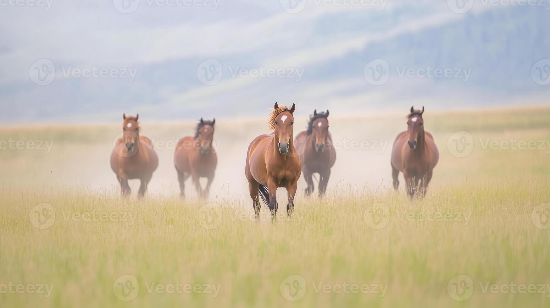 Wild Horses Galloping Freely Across Open Fields With Dusty Trails and Rolling Hills in Background on a Misty Morning photo