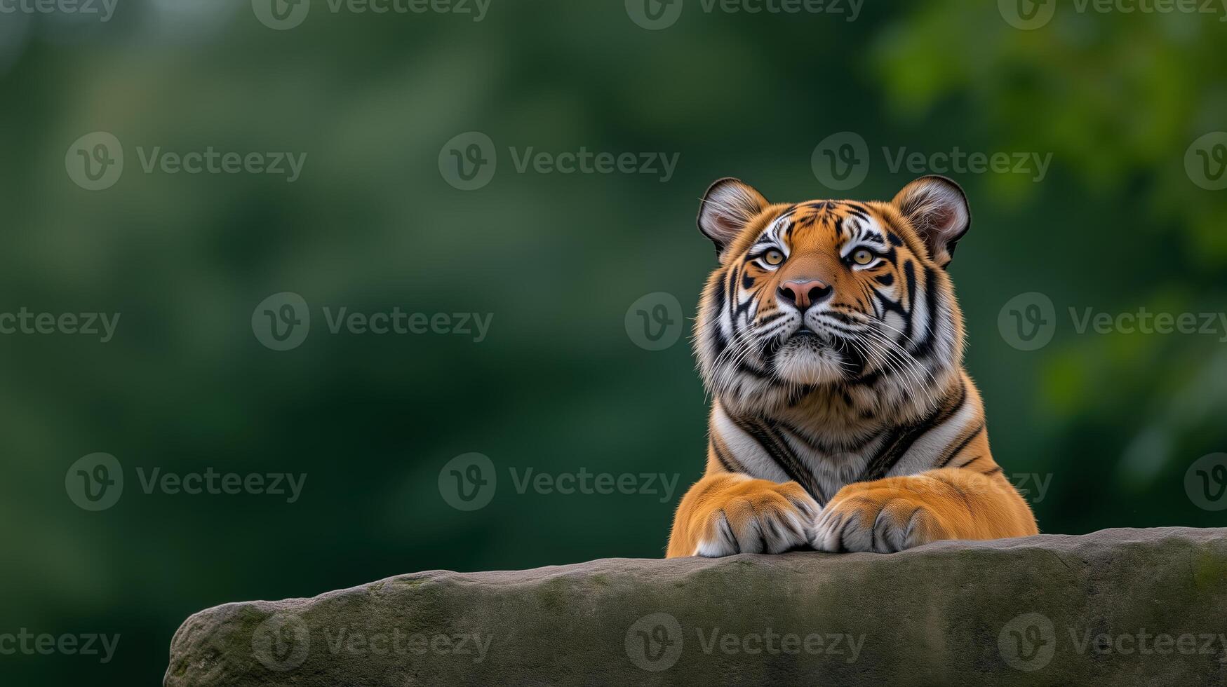 Majestic Bengal Tiger Resting on Rock in Natural Habitat, Safari Wildlife Photography with Siberian Influence, Closeup Portrait with Lush Green Background, Perfect for Nature and Wildlife Themes photo