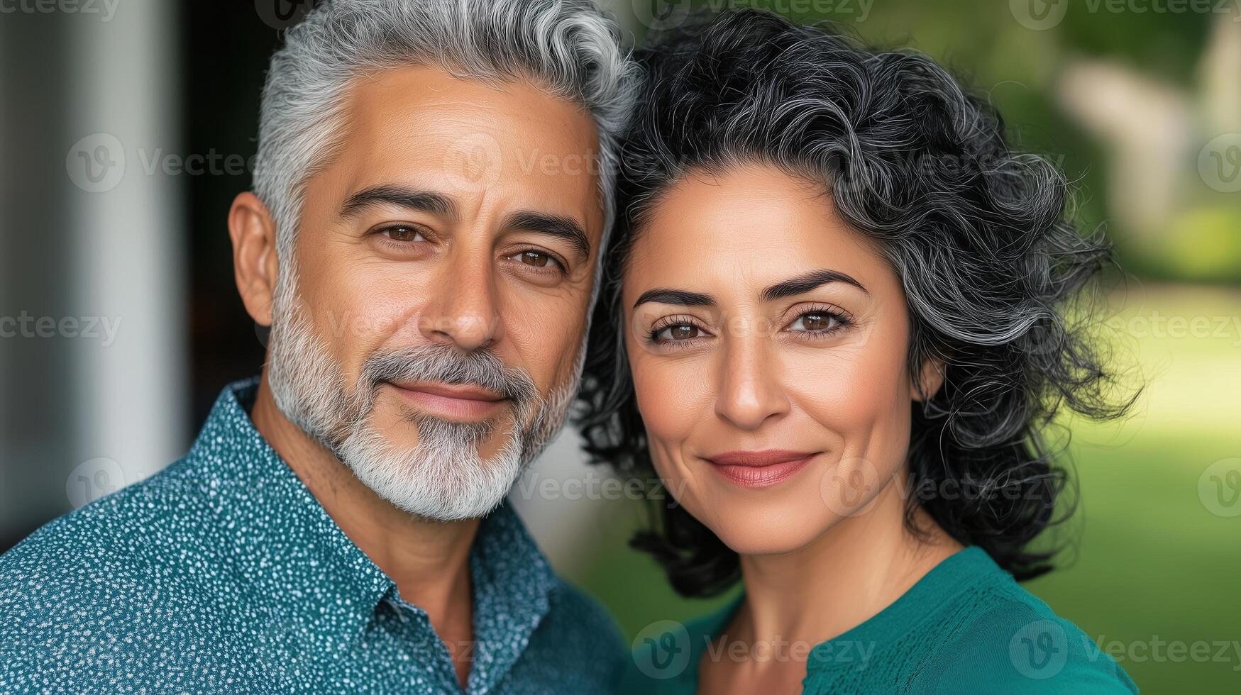Mature Hispanic Couple Smiling at Family Gathering in Sunny Garden Setting Emphasizing Connection and Happiness in Natural Light with Greenery and Soft Focus For Lifestyle and Family Themes photo