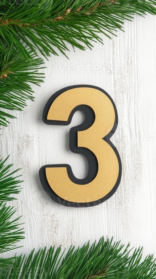 Festive Advent Calendar Day 3 with Golden Number on Rustic White Background Featuring Evergreen Pine Branches for Holiday Decor photo
