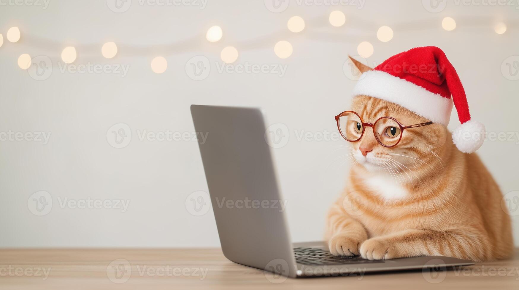Ginger Cat Wearing Santa Hat and Glasses Working on Laptop Against Soft Bokeh Background Perfect for Christmas Holiday Season Stock Image and Festive Digital Concepts photo