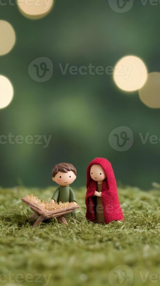 Charming Christmas Manger Scene with Handmade Figures in Cozy Red and Green Setting Featuring Baby Jesus Under a Soft Glow, Capturing the Holiday Spirit and Childlike Wonder. photo
