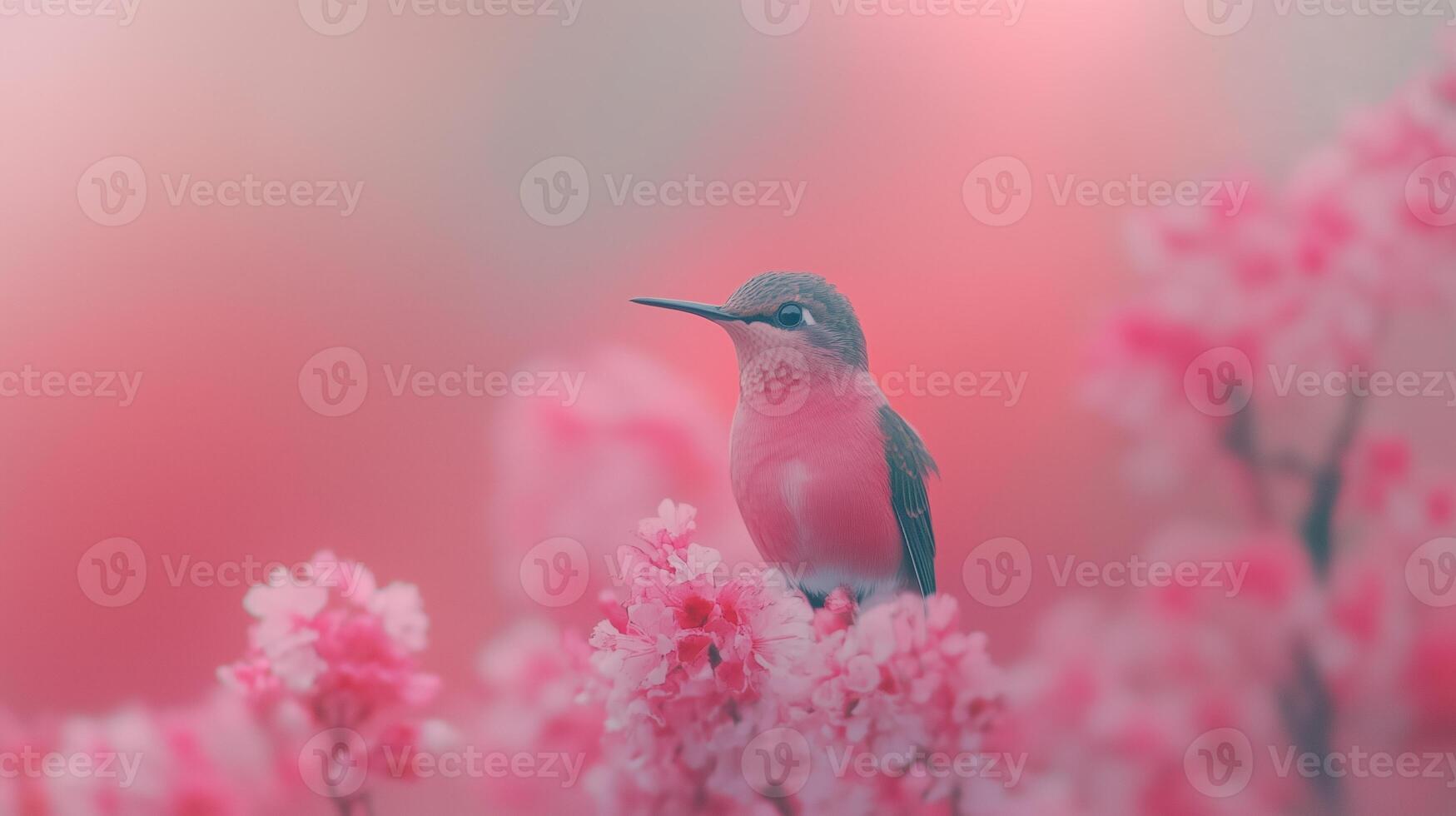 Californian Hummingbird in Slow Motion Surrounded by Soft Pink Blossoms in Serene Springtime Setting photo