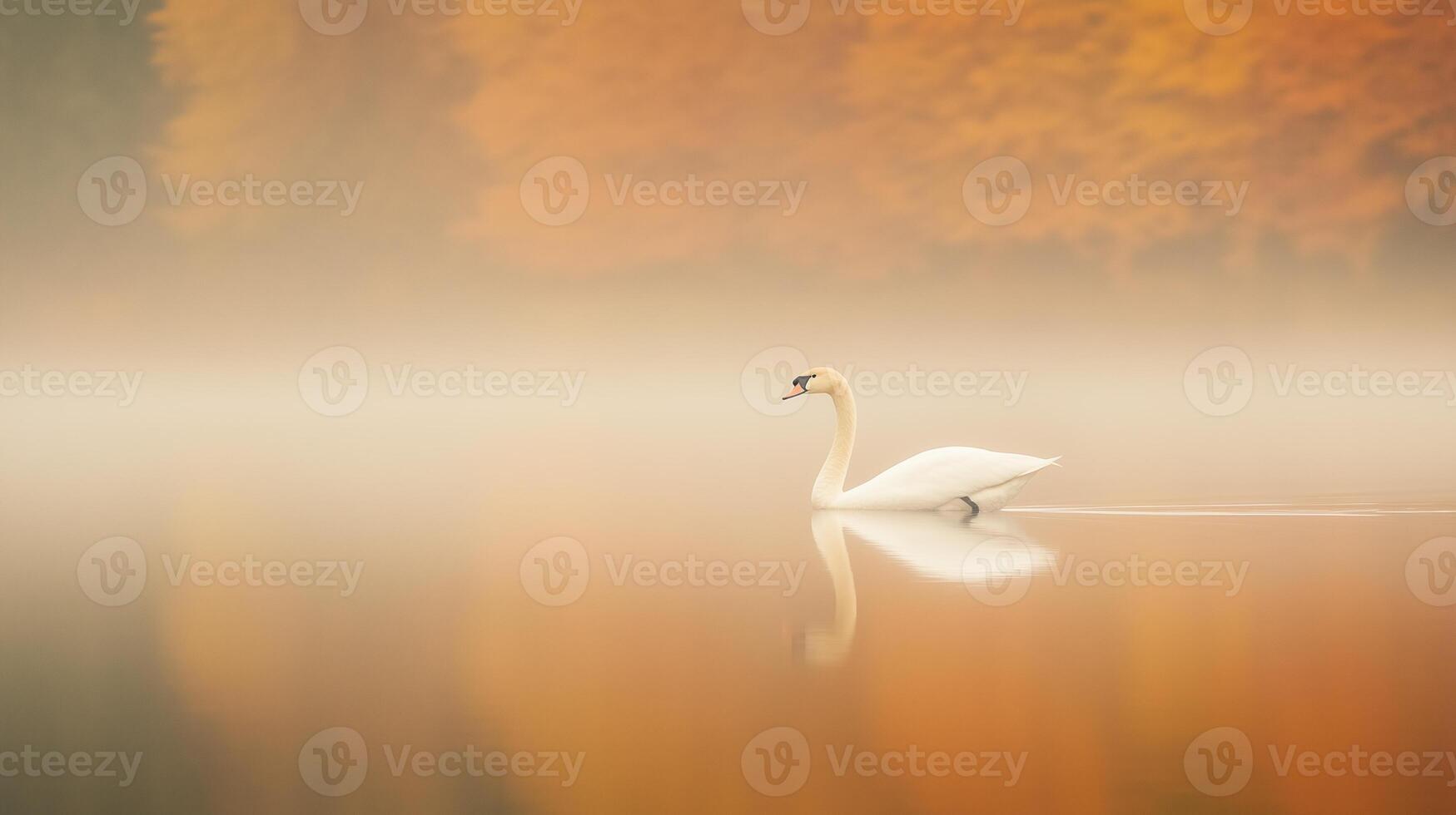 Elegant Swan Gliding Across Autumnal Misty Lake with Golden Reflections Creating Serene and Tranquil Nature Scene Perfect for Seasonal and Calming Decor Themes photo