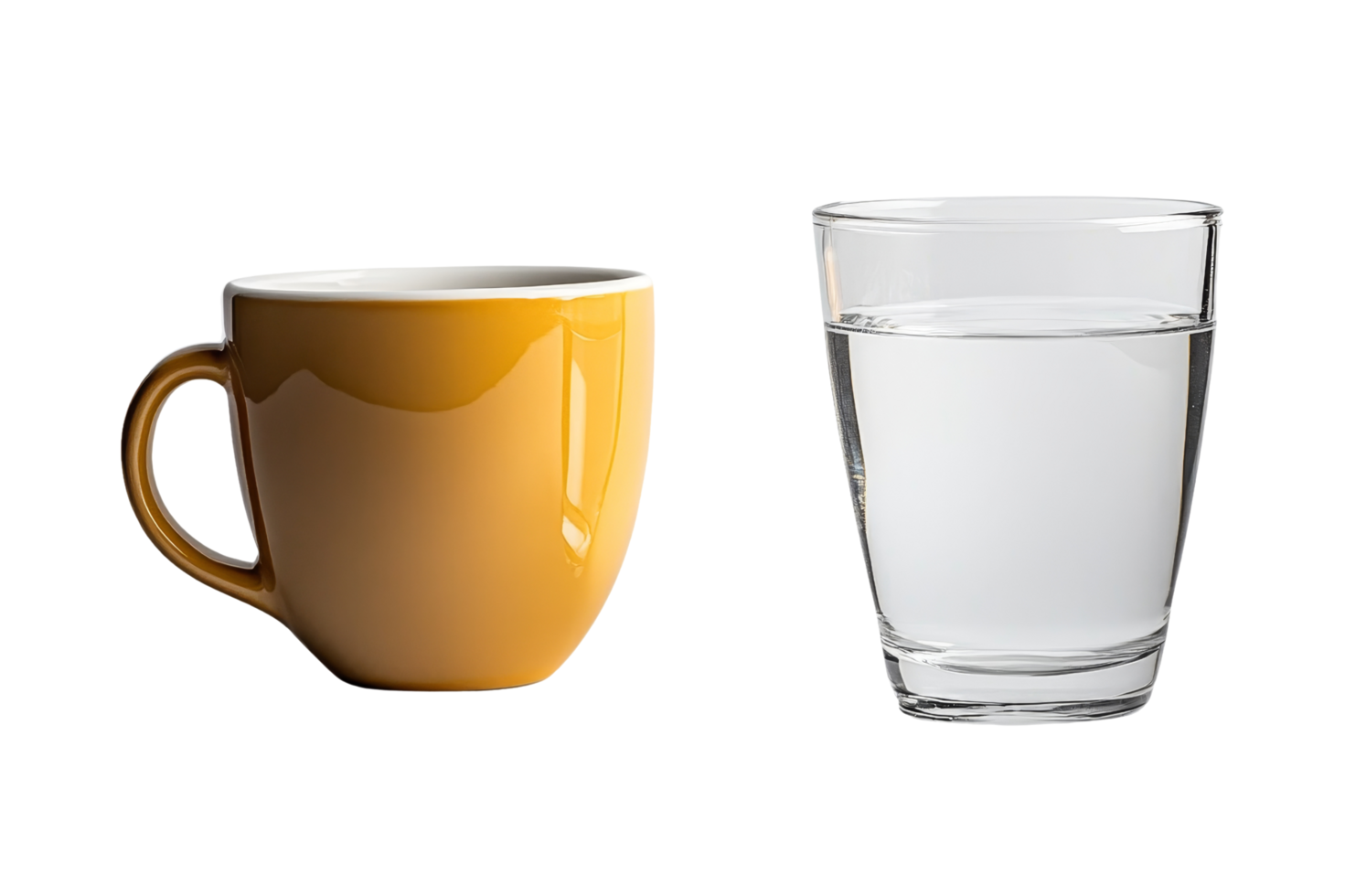 Elegant yellow coffee mug and glass of water on table png
