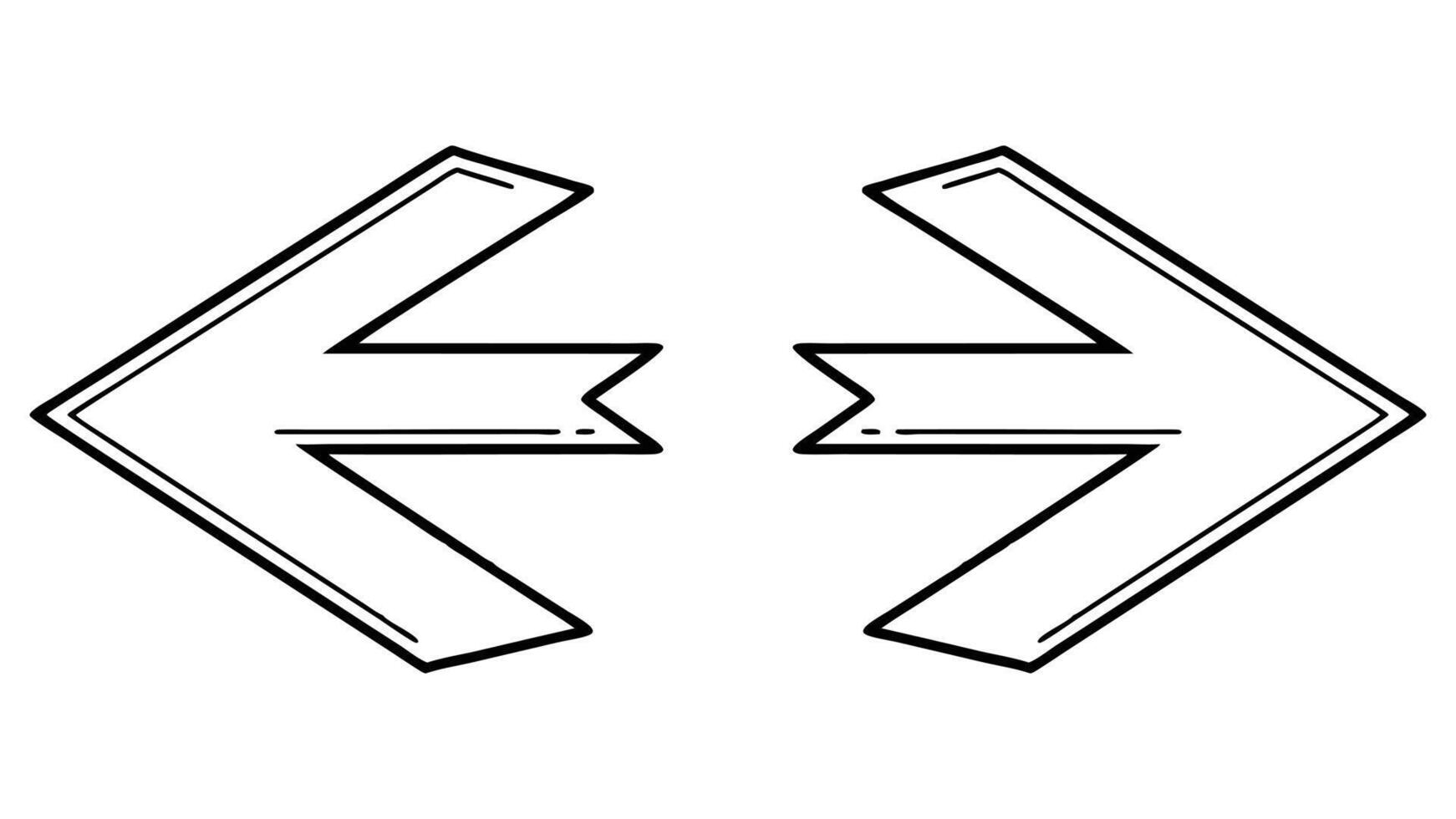 black and white Silhouette graphic featuring two stylized right-left pointing arrows icon on a white background vector