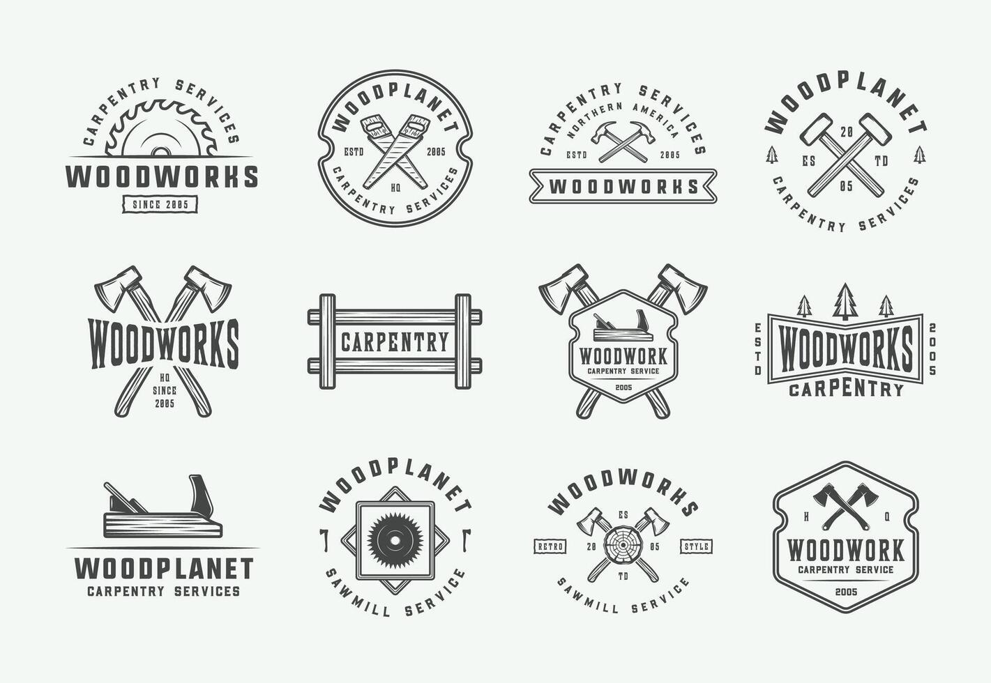 Vintage Woodworking, Carpentry, and Mechanic Emblems, Badges, Logos, and Design Elements. Black and White Graphic Illustration vector