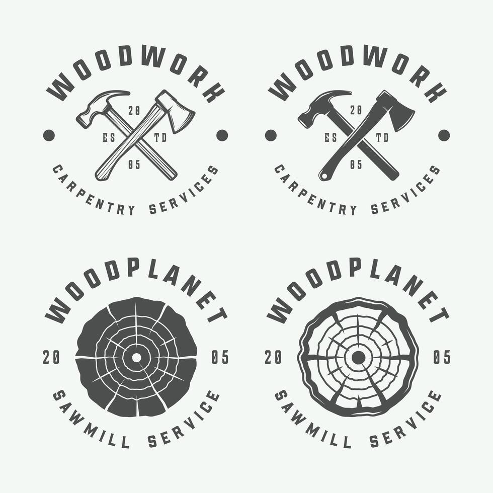 Bundle of Classic Woodwork, Carpentry, and Mechanic Badges, Logos, Labels, and Emblems. Monochrome Graphic Design vector