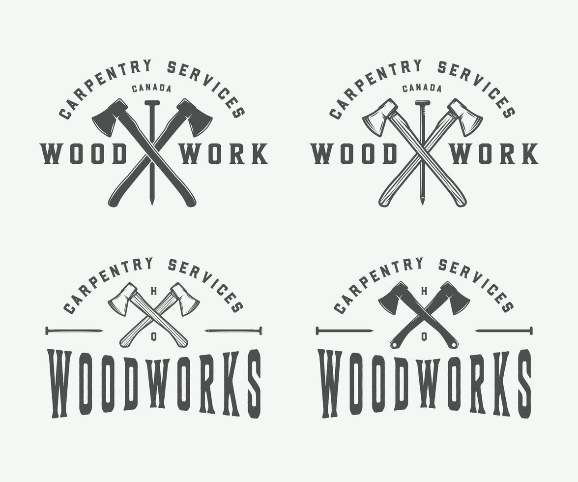 Collection of Retro Carpentry, Woodworking, and Mechanic Logos, Badges, Labels, and Emblems. Monochrome Art vector