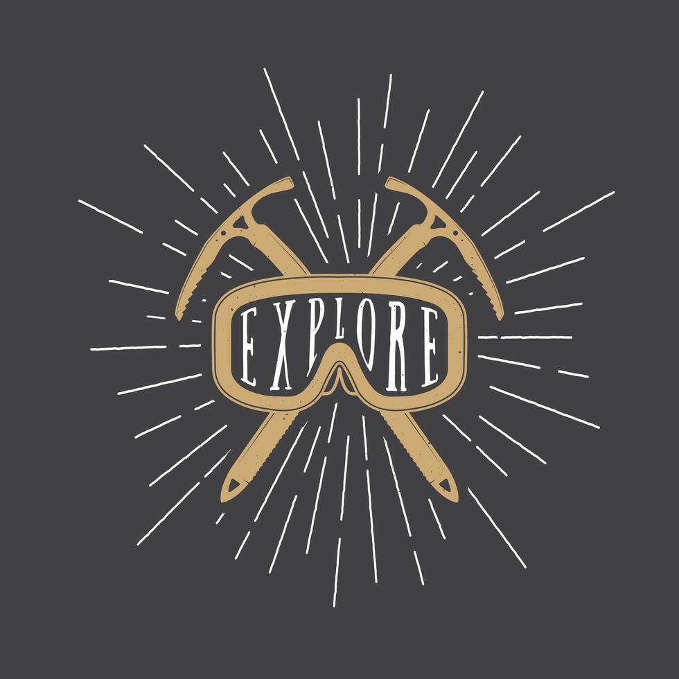 Explore logo with axes and sunburst and mask. Vintage artwork vector