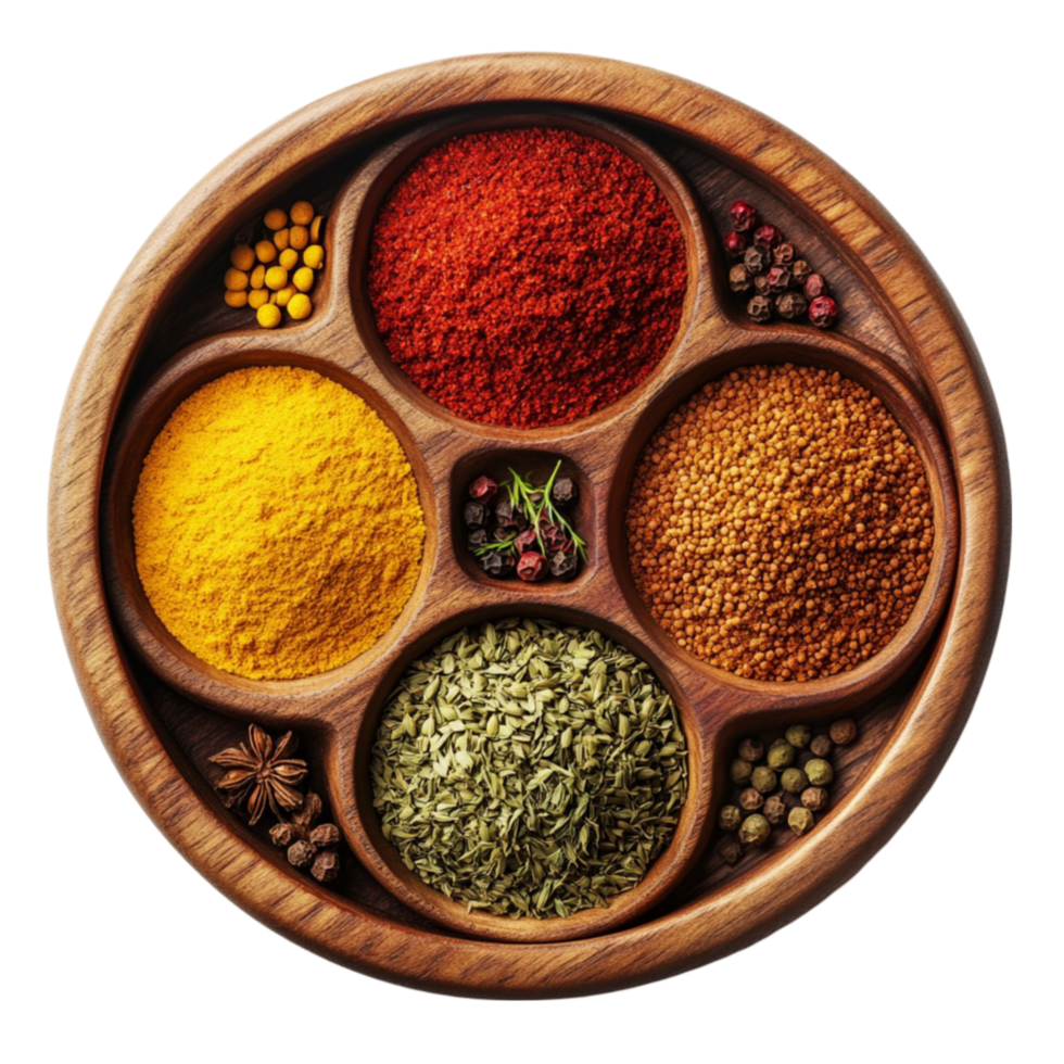 Spices in wooden bowl on transparent background png