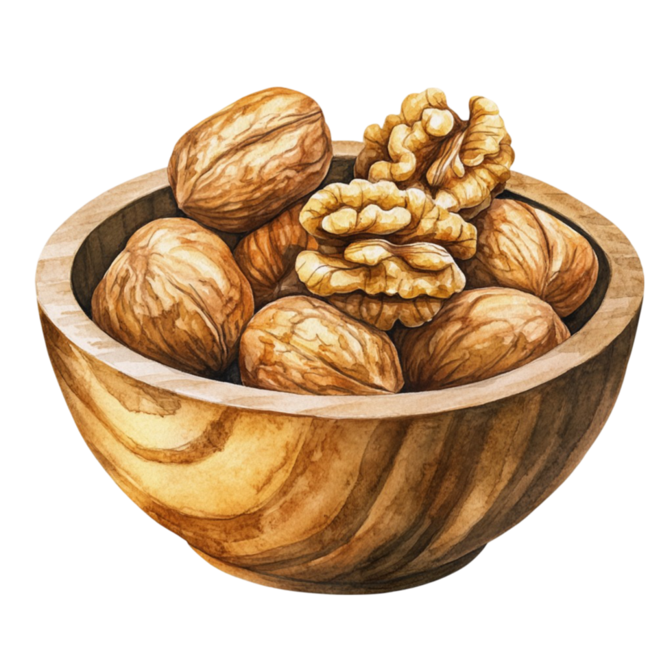 Walnuts in a Brown wooden bowl on transparent background png