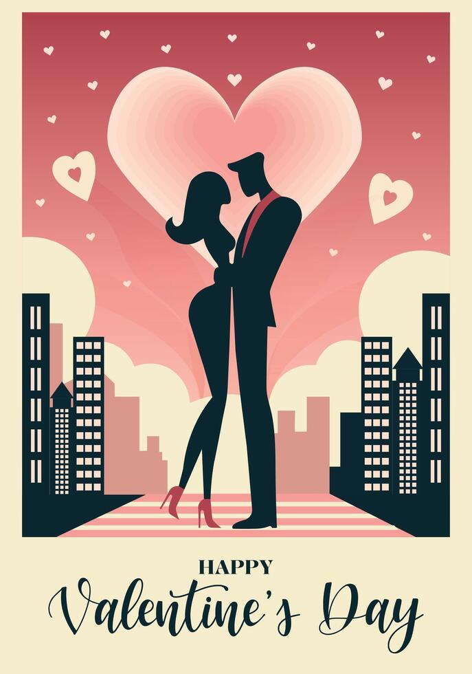 happy valentines day poster design with couple silhouette in the city flat illustration vector