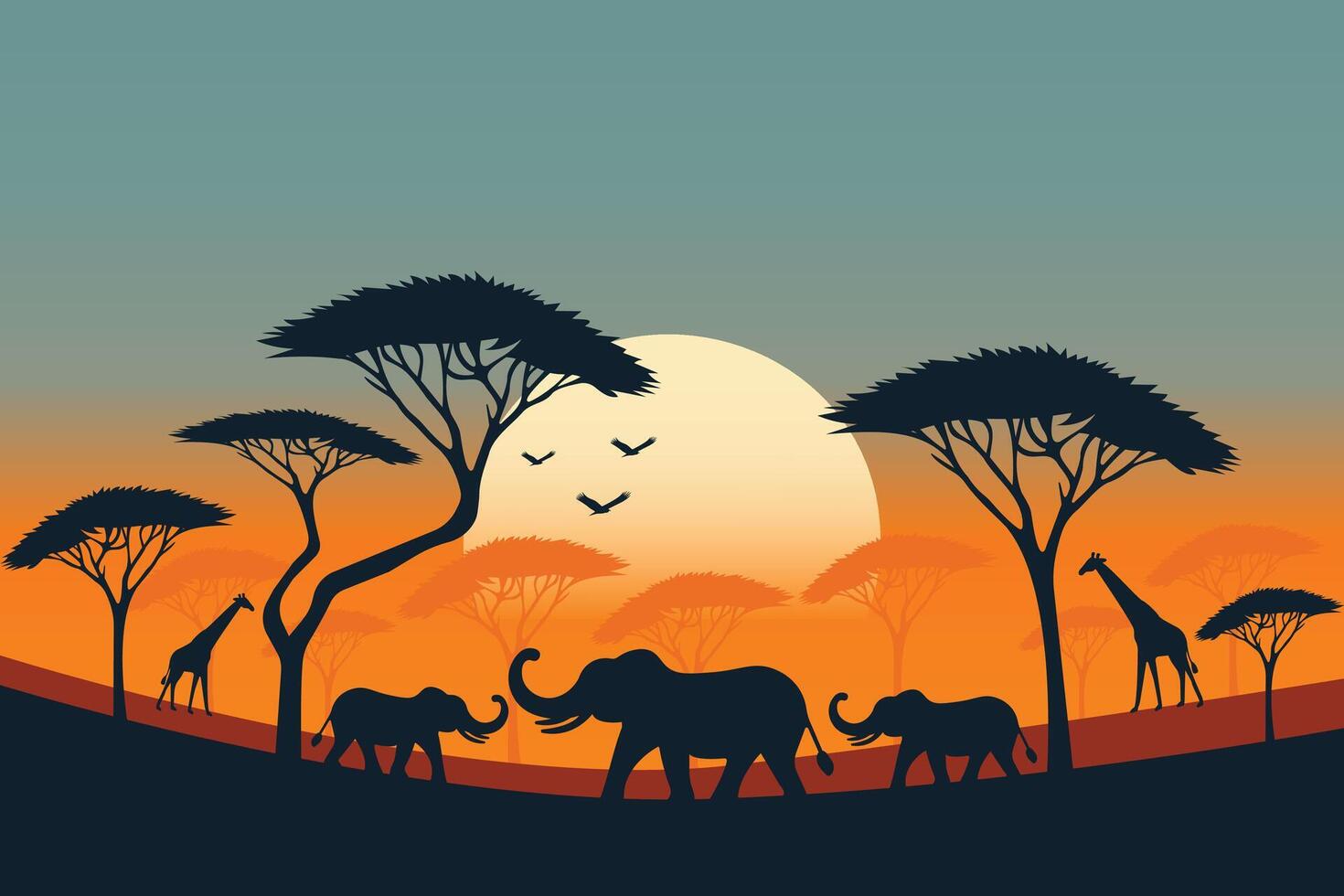 savannah in the evening with big trees elephants and giraffes in silhouette flat illustration vector