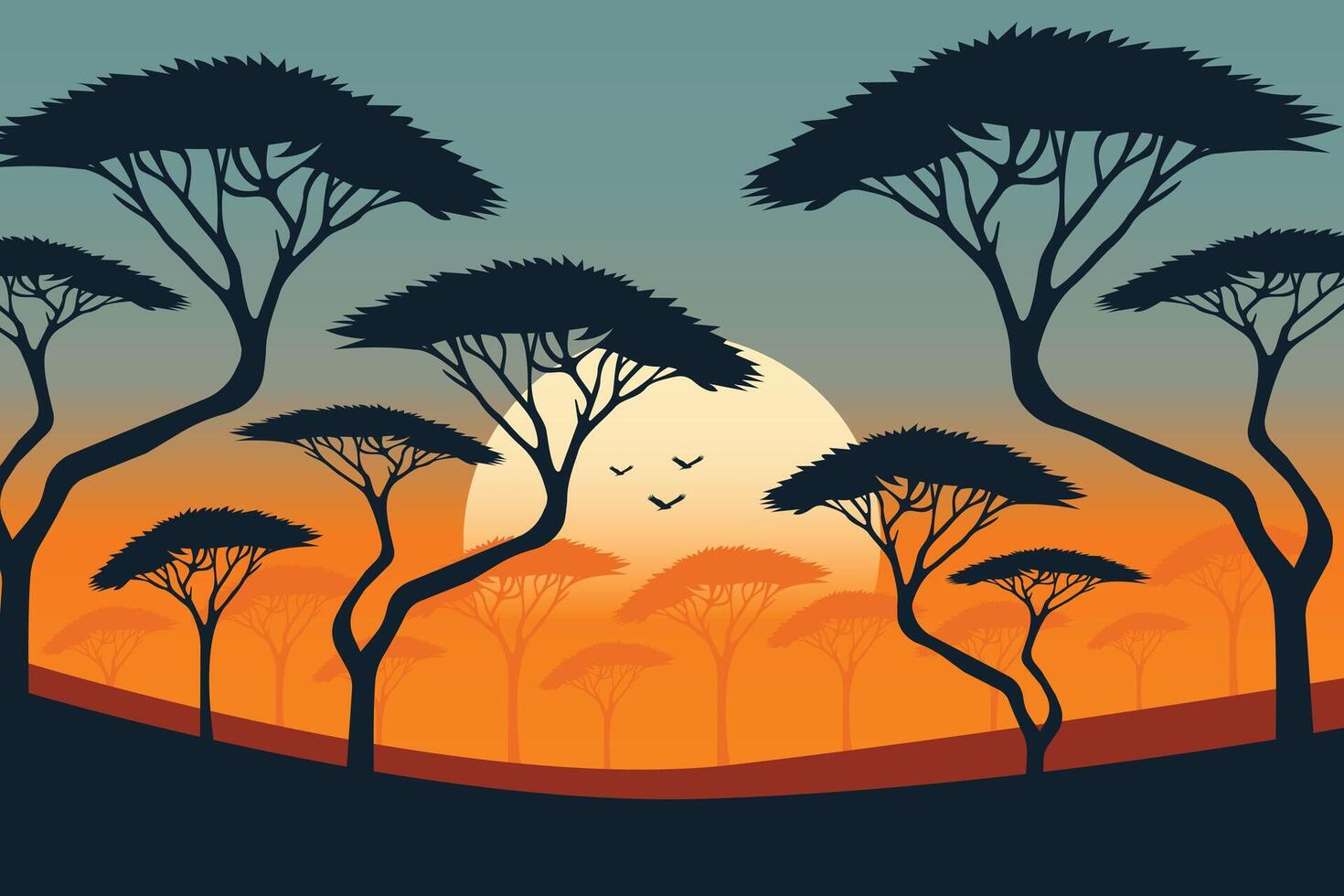 savannah at sunset with tree silhouettes flat illustration vector