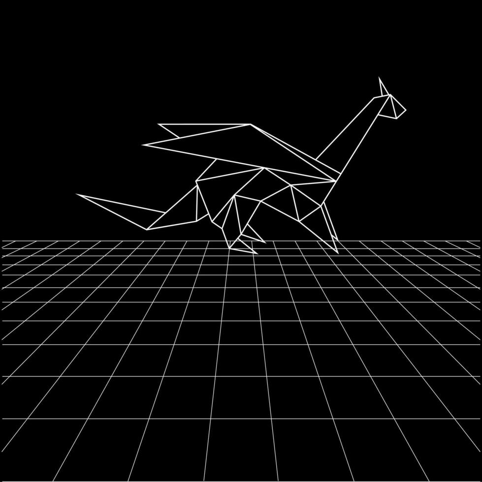 Dragon polygonal lines on the Synthwave vaporwave, perspective grids, wireframe landscape background, laser grid in deep space vector