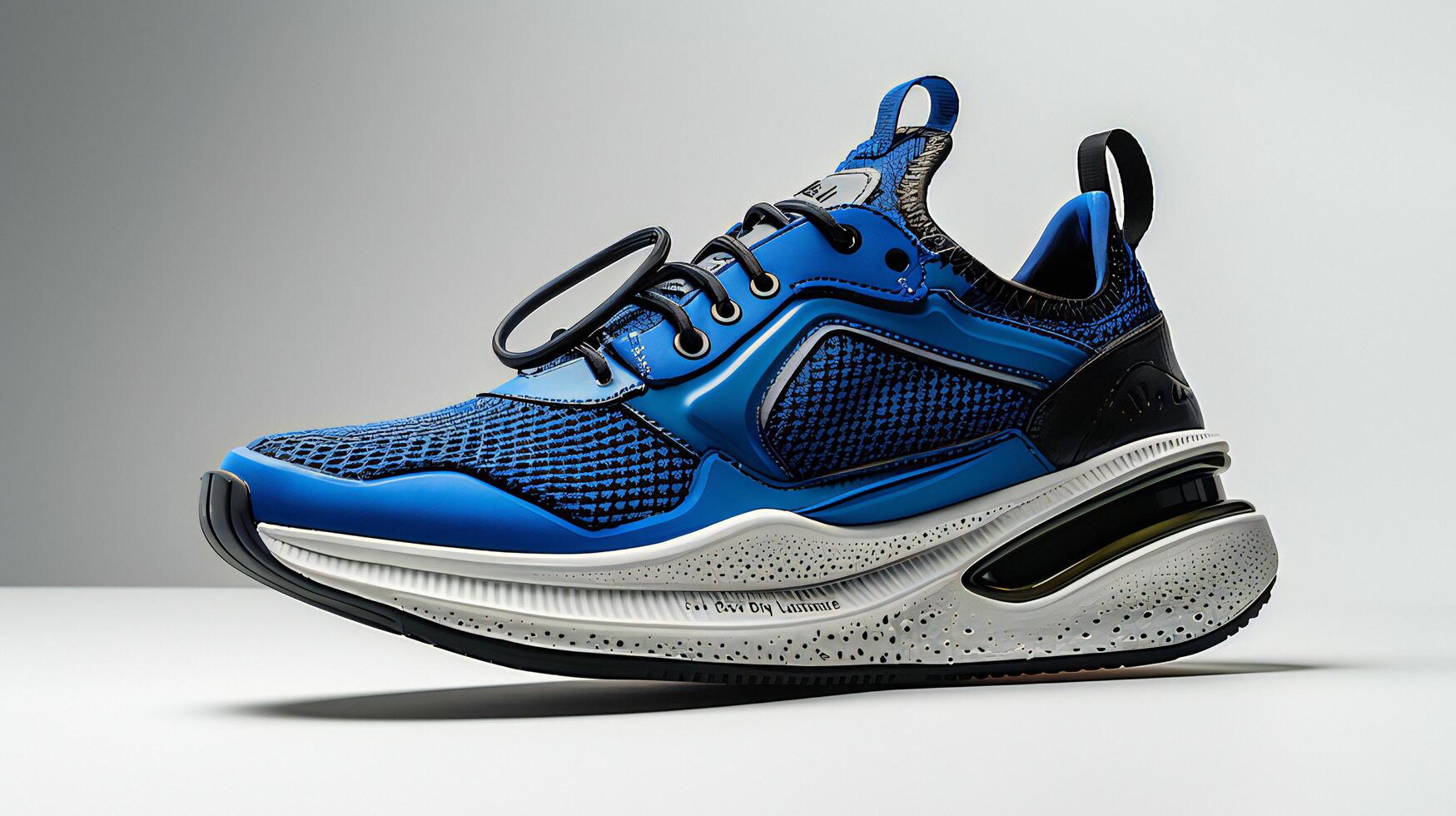 A blue and white sneaker with a mesh upper photo
