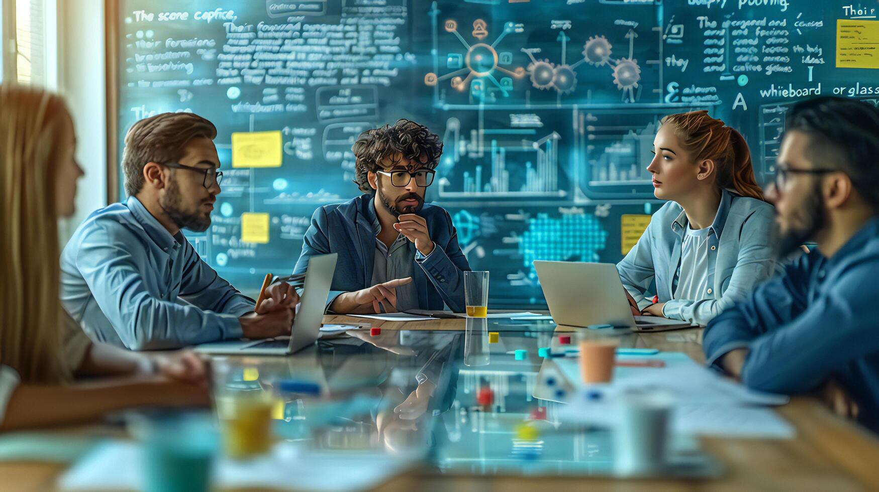 A group of people sitting around a table with laptops photo