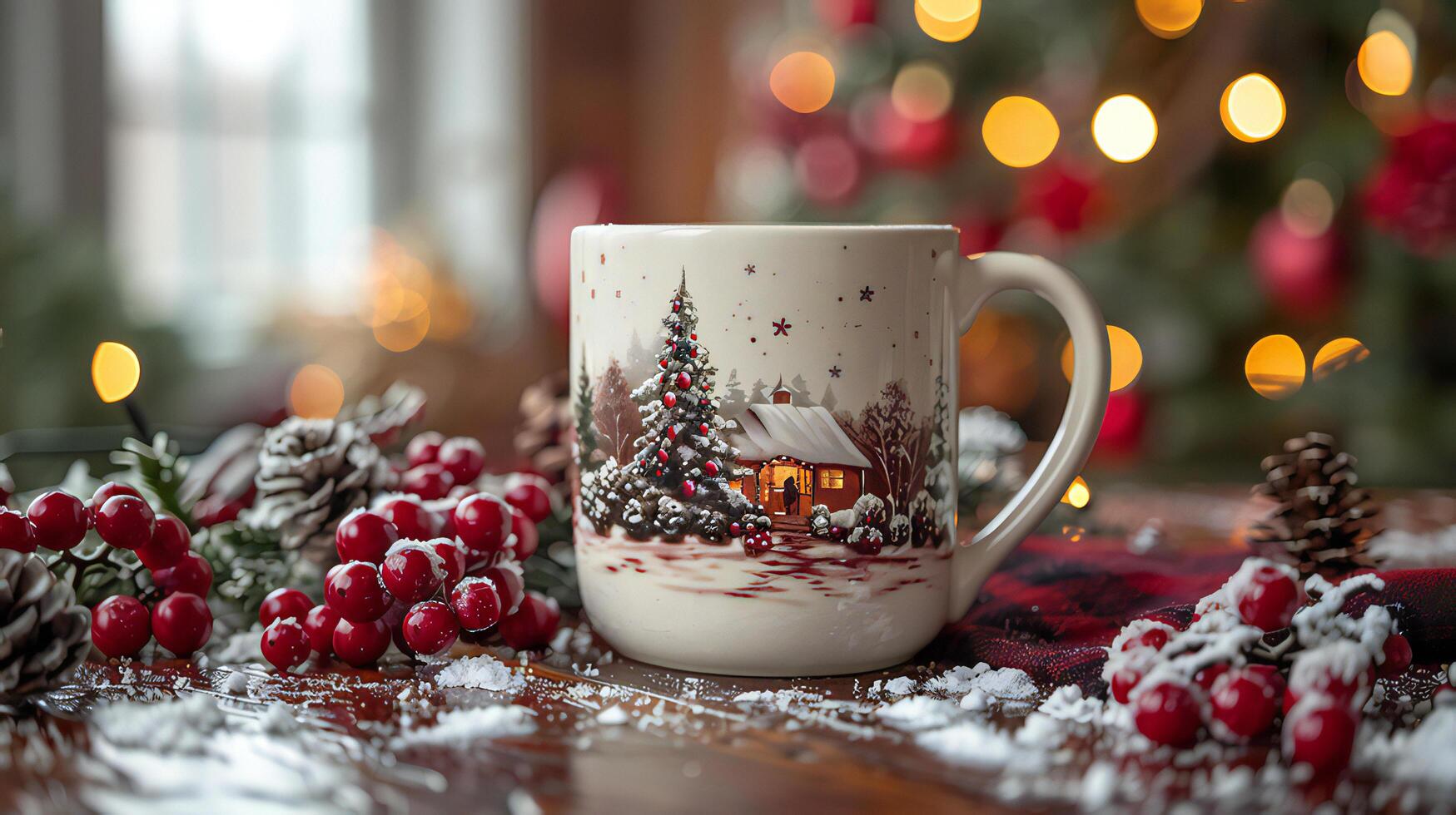 A mug with a christmas scene on it sits on a table photo