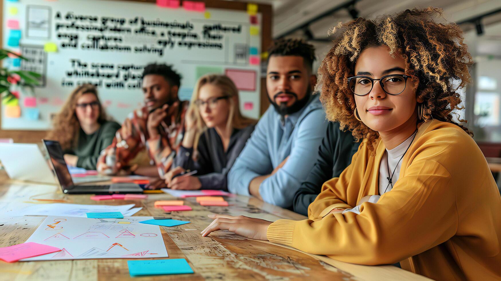 A group of people sitting around a table with sticky notes photo