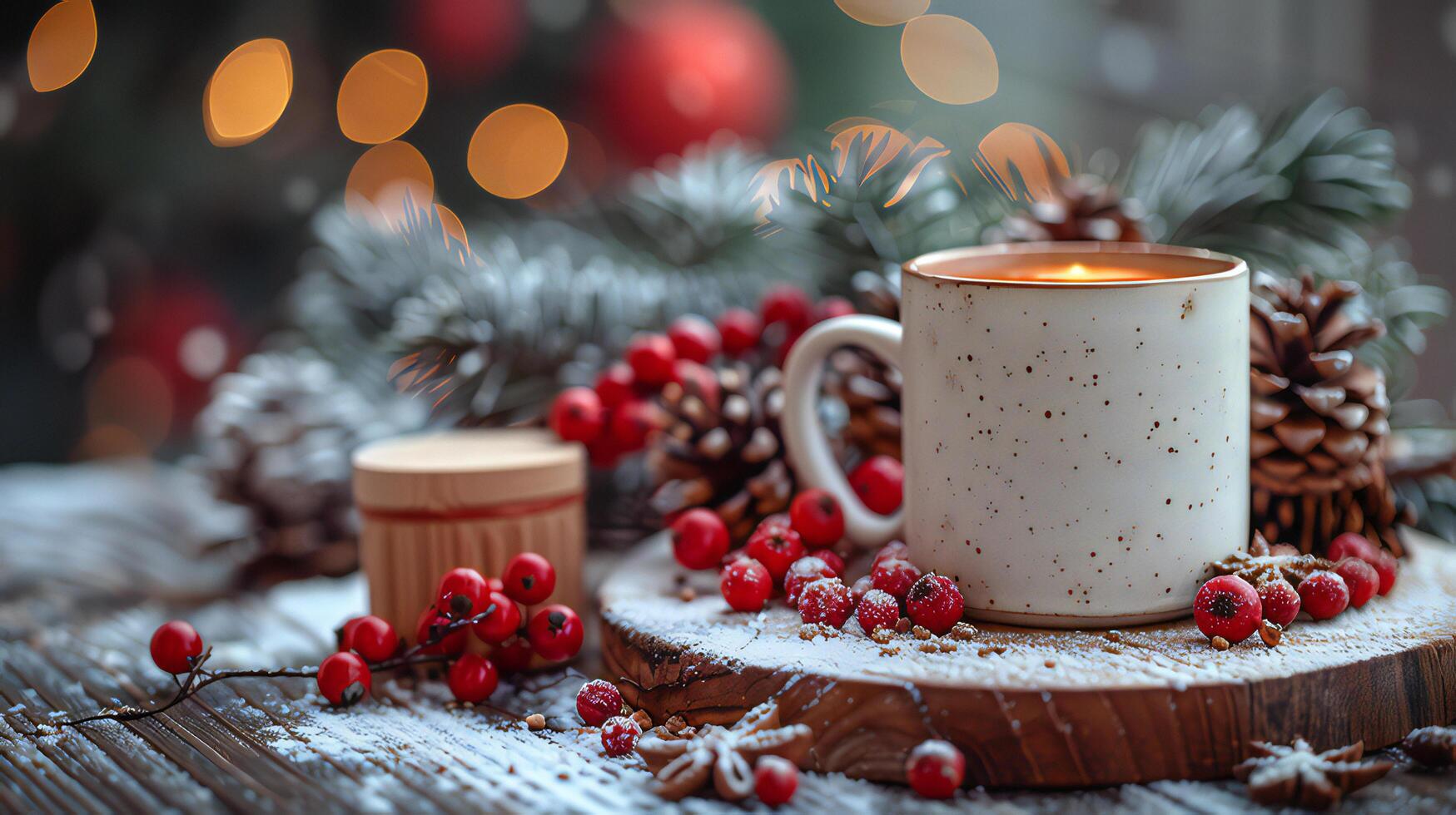 A cup of coffee with a candle on a wooden table photo
