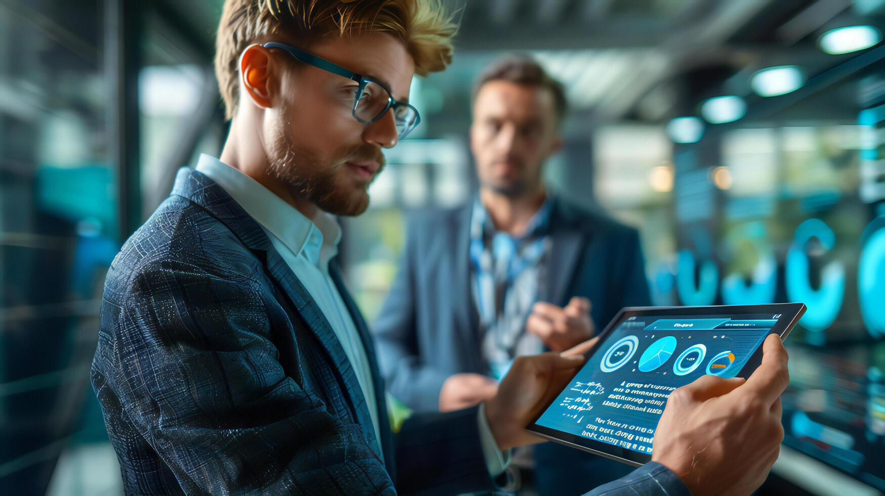 Two men in suits are looking at a tablet computer photo