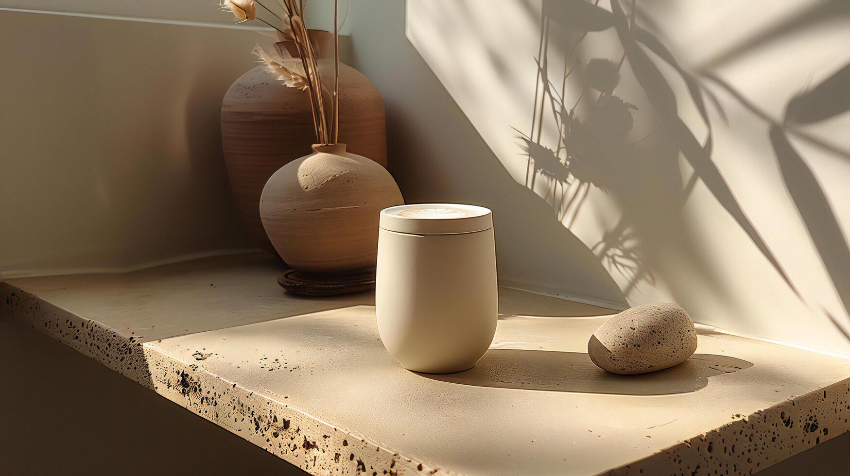 A vase and a rock sitting on a shelf photo