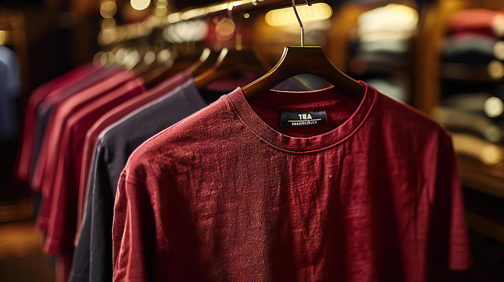 A row of red shirts hanging on a rack photo