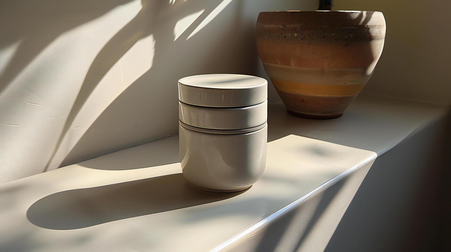 A white vase sitting on a shelf next to a white container photo