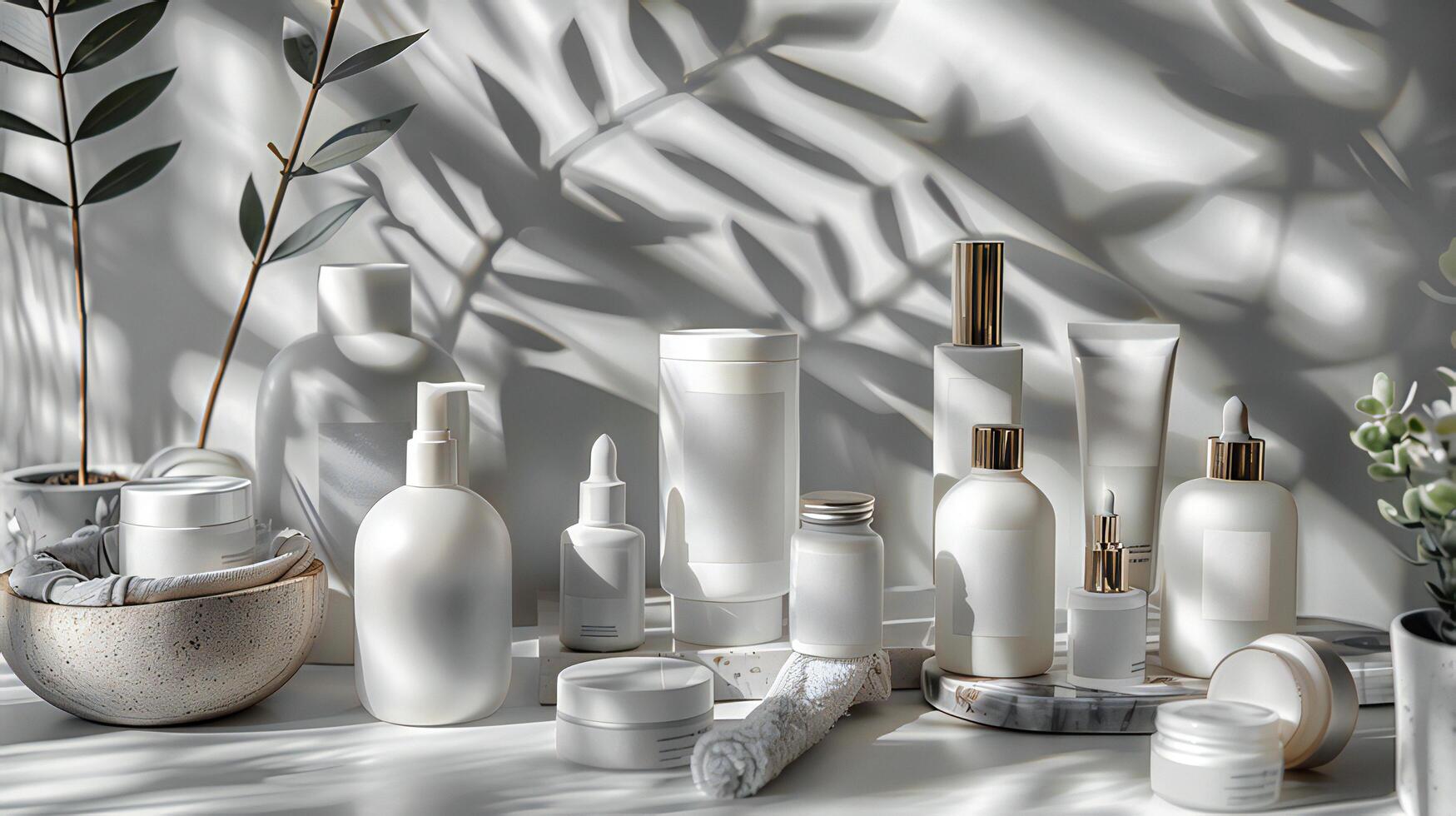 A variety of cosmetic products are arranged on a table photo