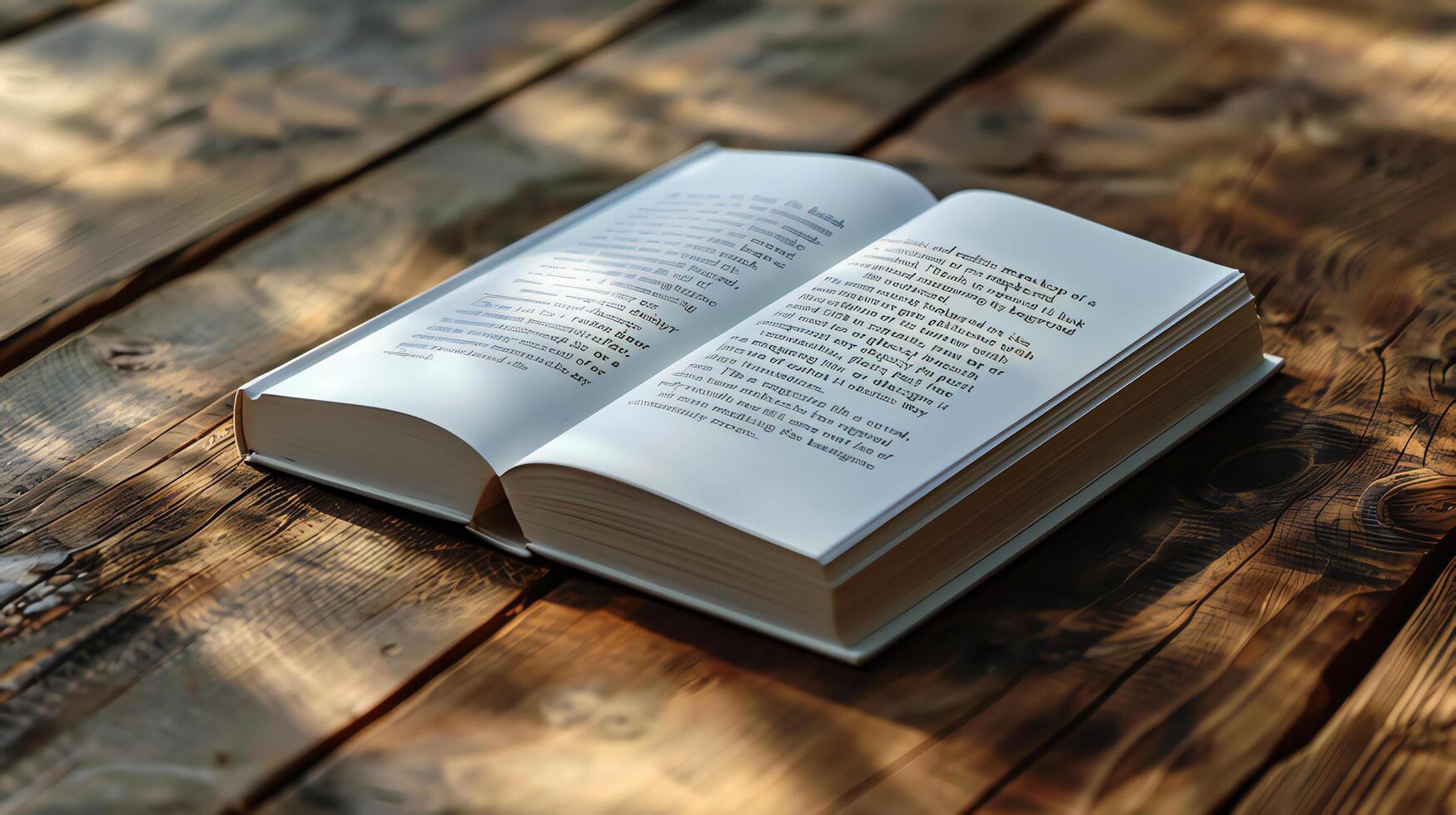 An open book on a wooden table photo
