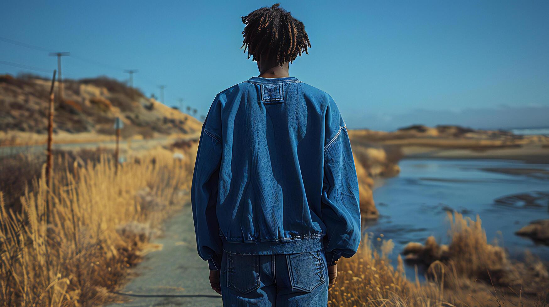 A man wearing a blue jacket and jeans photo
